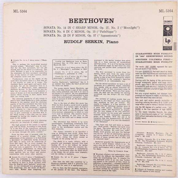 Beethoven, Rudolf Serkin Sonata No. 8, 14, 23 1956 Mono 6-Eye LP Record ML 5164 - Picture 2 of 16